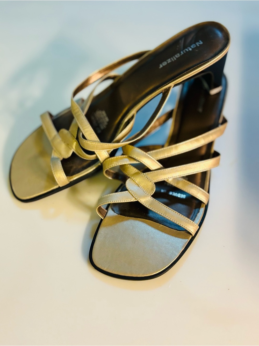 Naturalizer Metallic subdued Gold Knotted Strap Block Heels